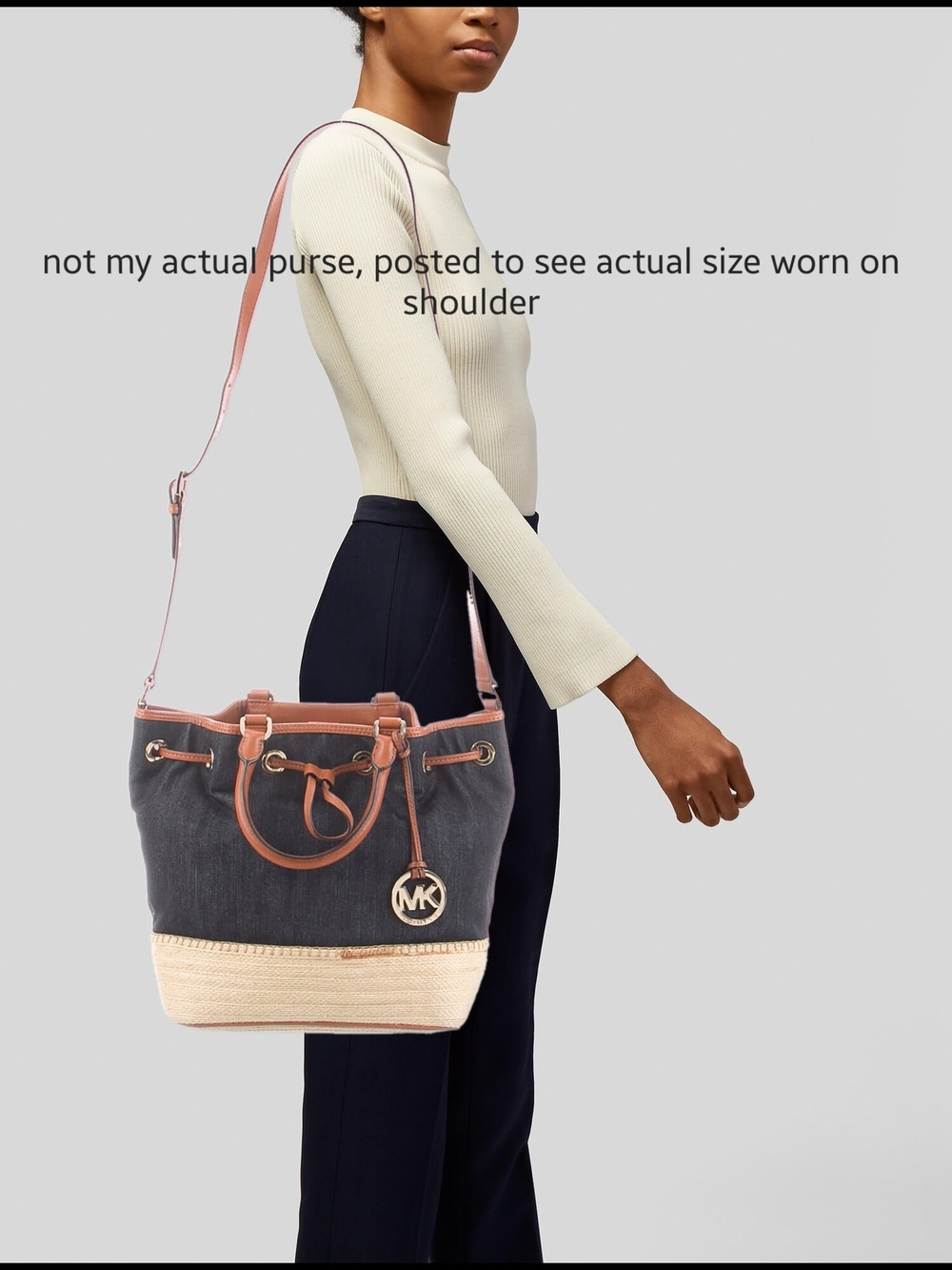 Michael Kors Navy Denim Tote with Luggage Brown Trim and Straw Base